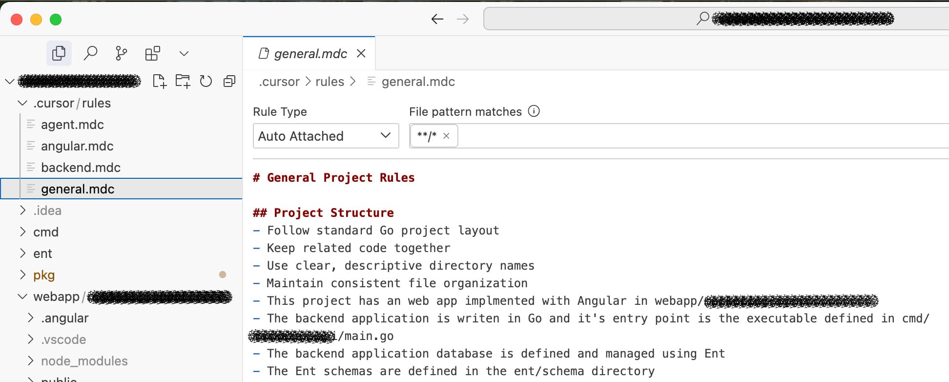 Cursor editor screenshot showing Rules for AI markdown files