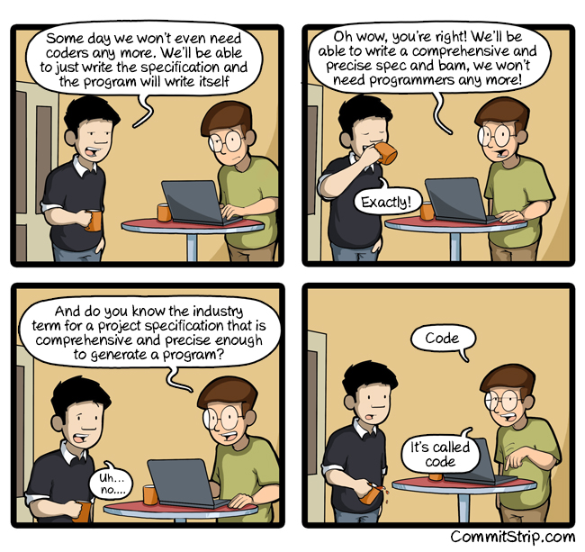 A 2016 comic strip from CommitStrip about replacing code with "a very comprehensive and precise spec"